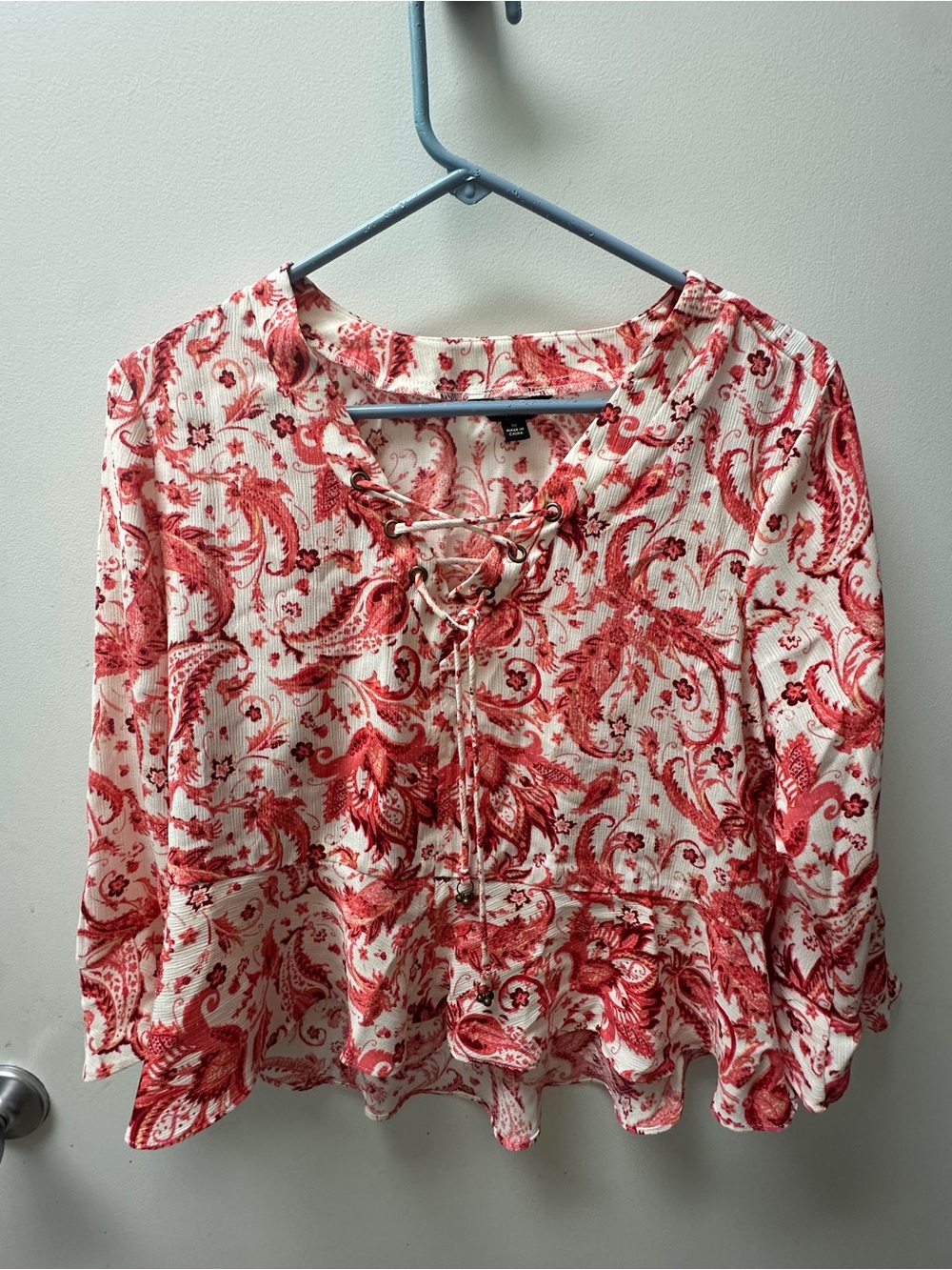 Frye Red Paisley Lace-Up Peplum Blouse